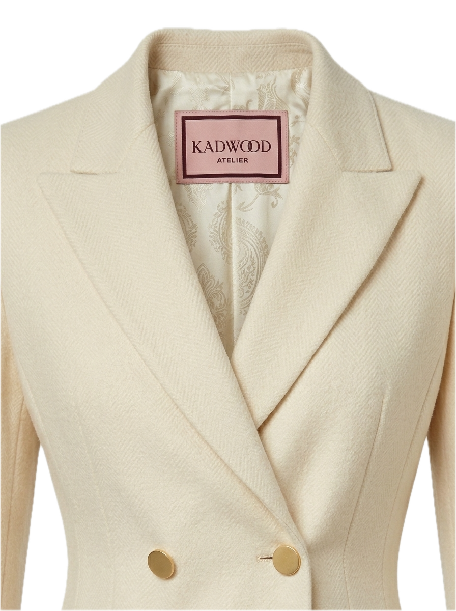 Detail of an ivory Kadwood suit jacket and its patterned silk lining.